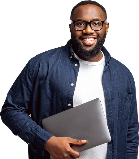Man holding laptop smiling